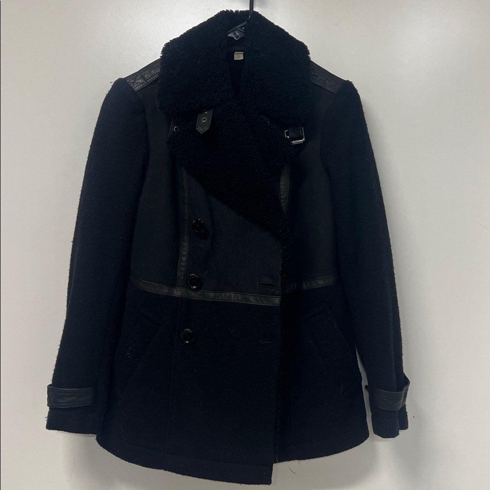 Burberry Brit Coat, Wool, Leather, sherpa Size 4 Black